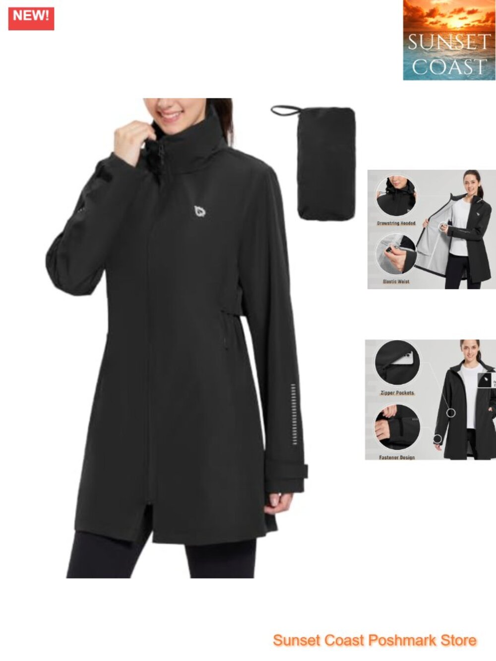 Women's Waterproof Trench Raincoat Lightweight Packable Hooded Jacket